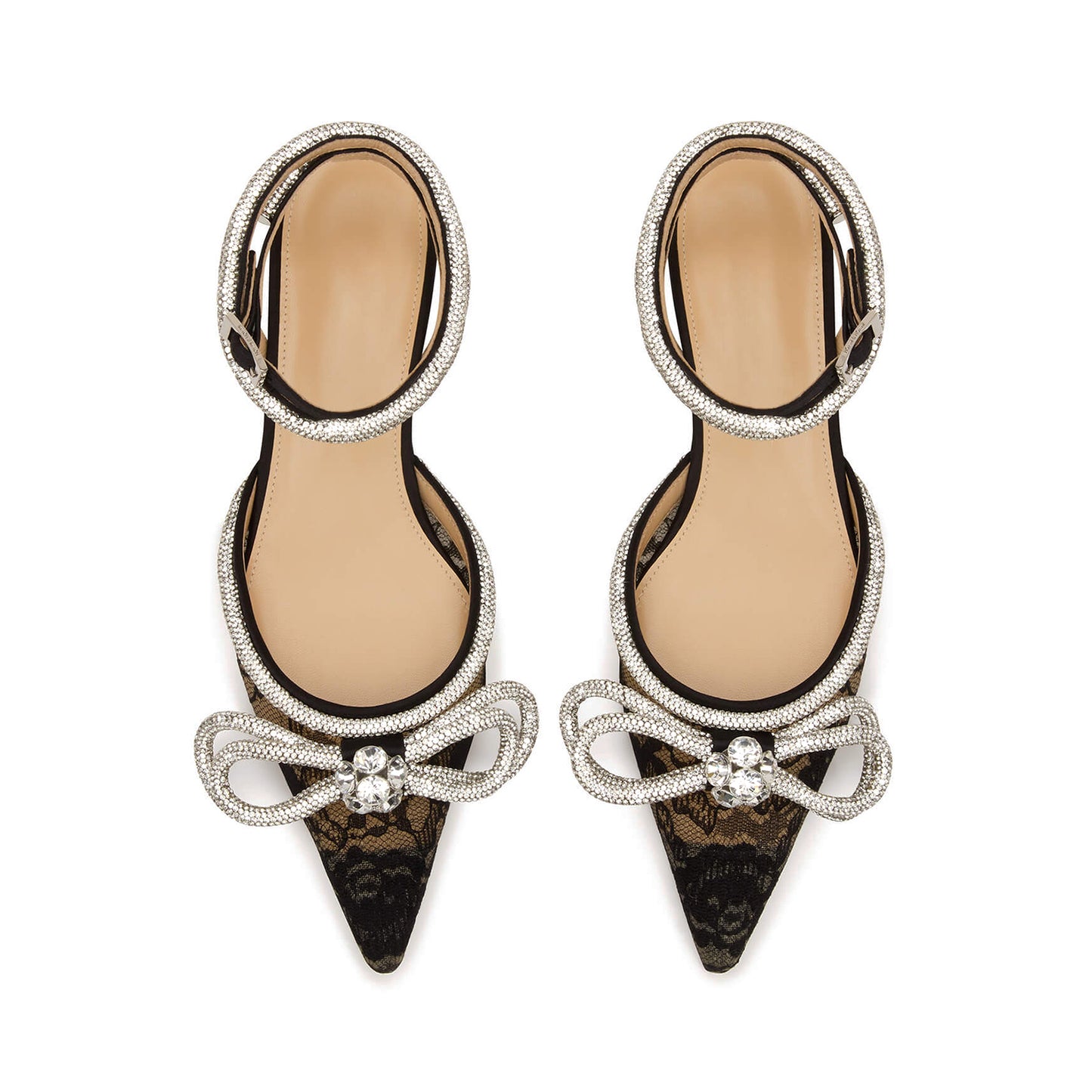 Black Lace Mesh Pointed-Toe Glitter Double Bow With Rhinestones Ankle Strap Flats