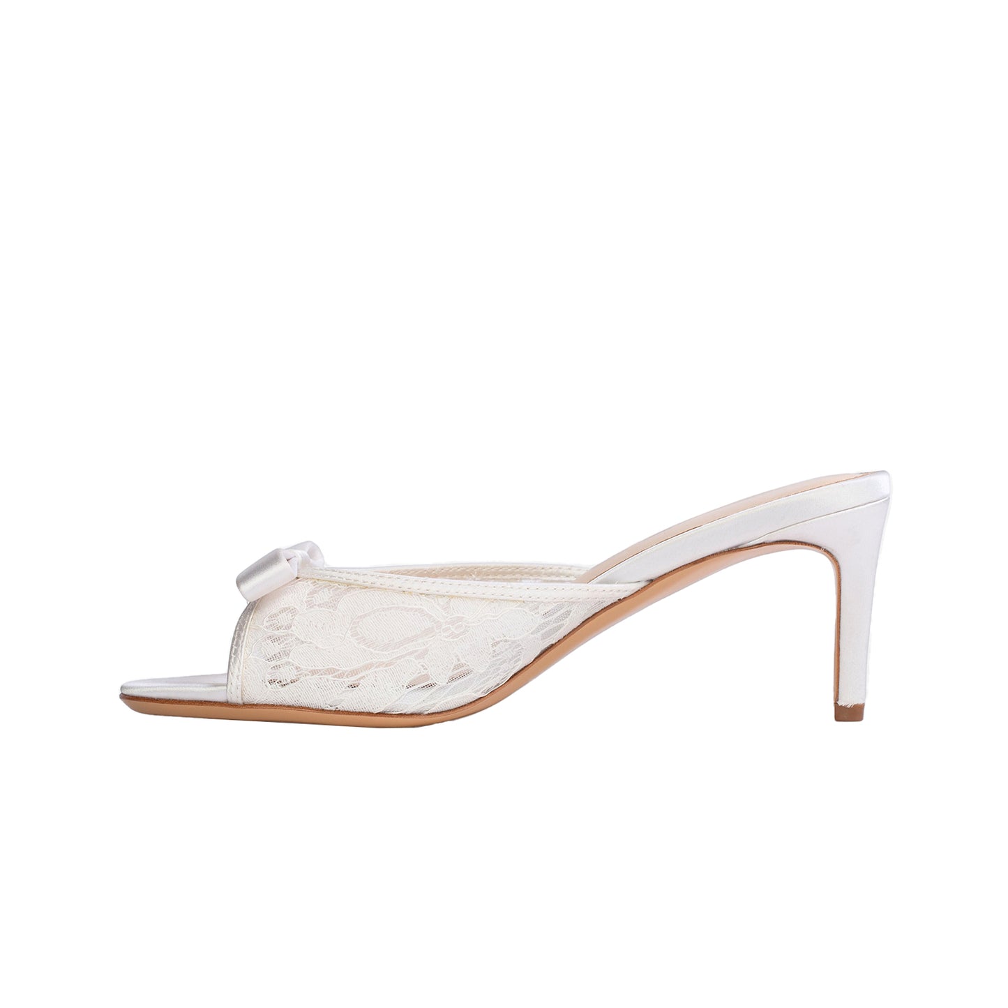 White Lace Satin Round-Toe Front Bow Backless High Heels