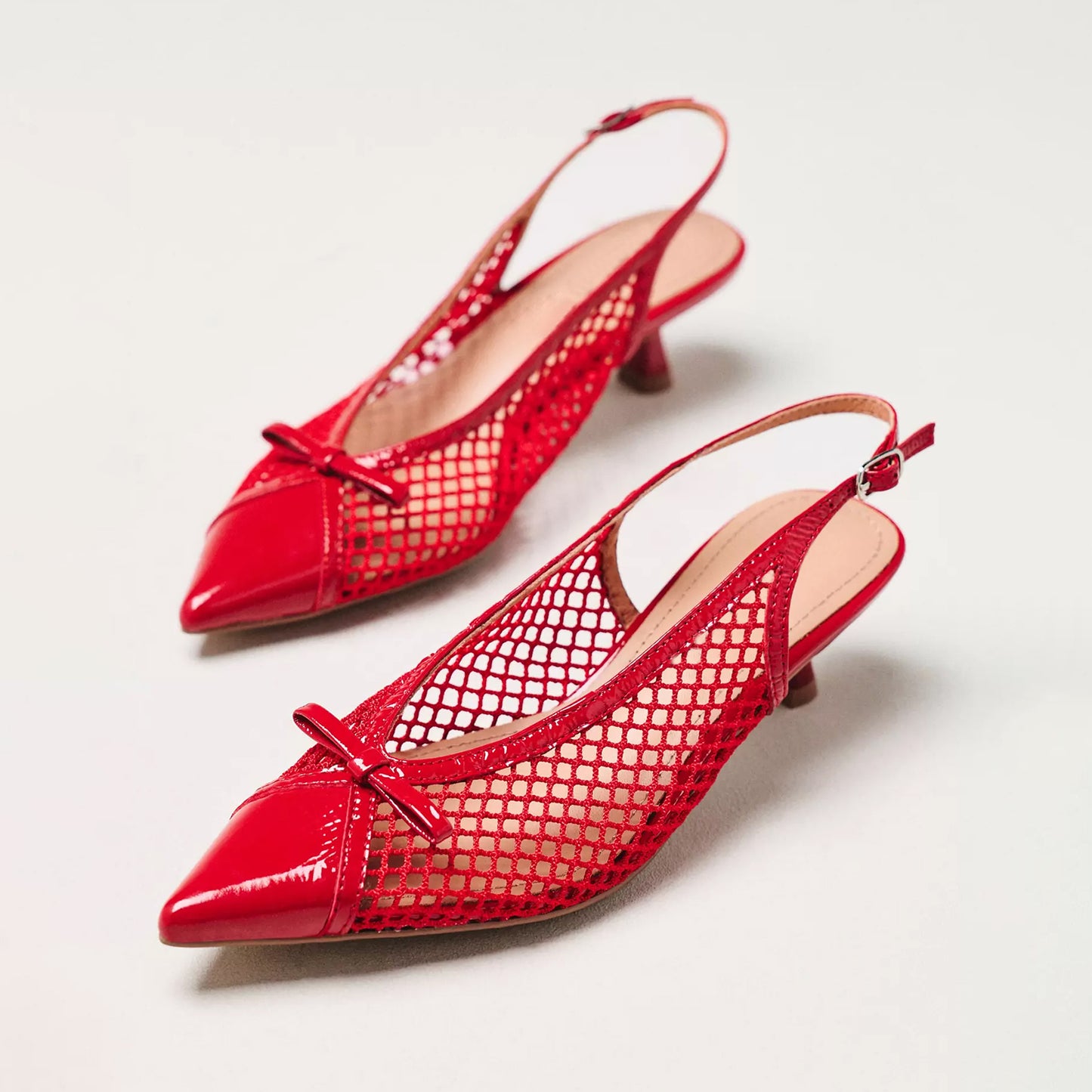 Red Mesh Patent Pointed-Toe Front Bow Slingback Kitten Heels