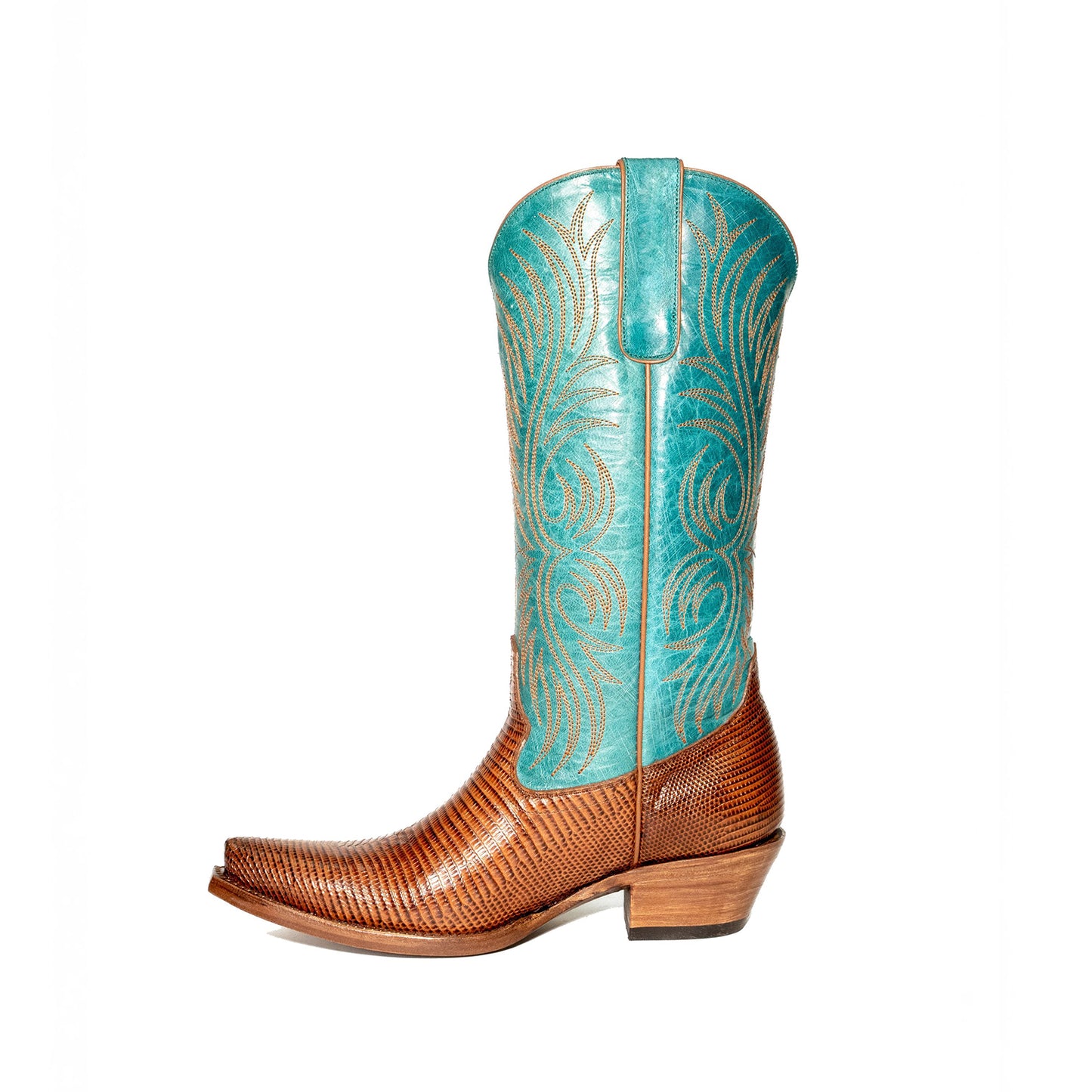 Contrast Turquoise And Cognac Lizard Print Snip-Toe Embroidery Mid Calf Cowgirl Boots