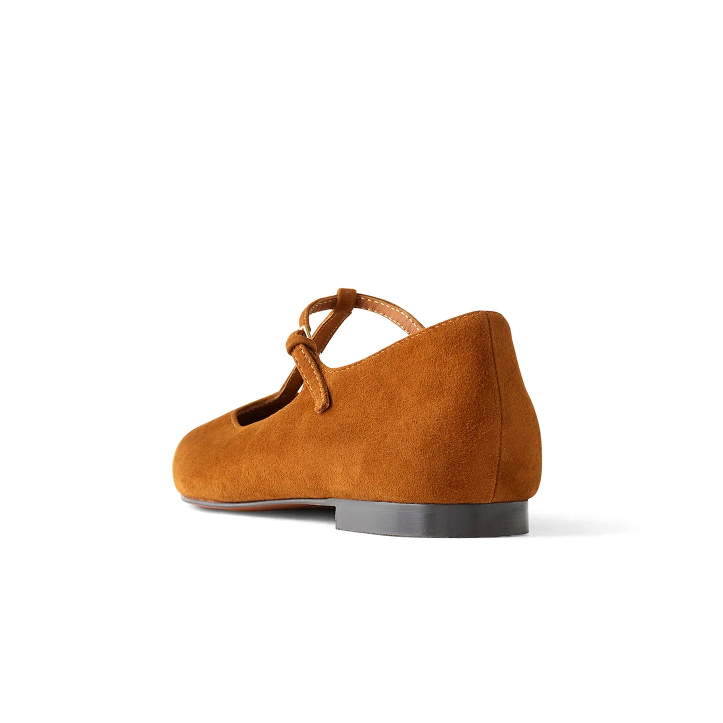 Rust Faux Suede Square-Toe Buckled T-Strap Ballet Flats