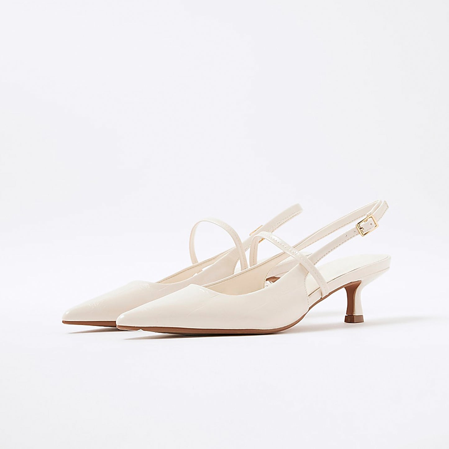 Cream Stone-Print Pointed-Toe Strappy Slingback Kitten Heels