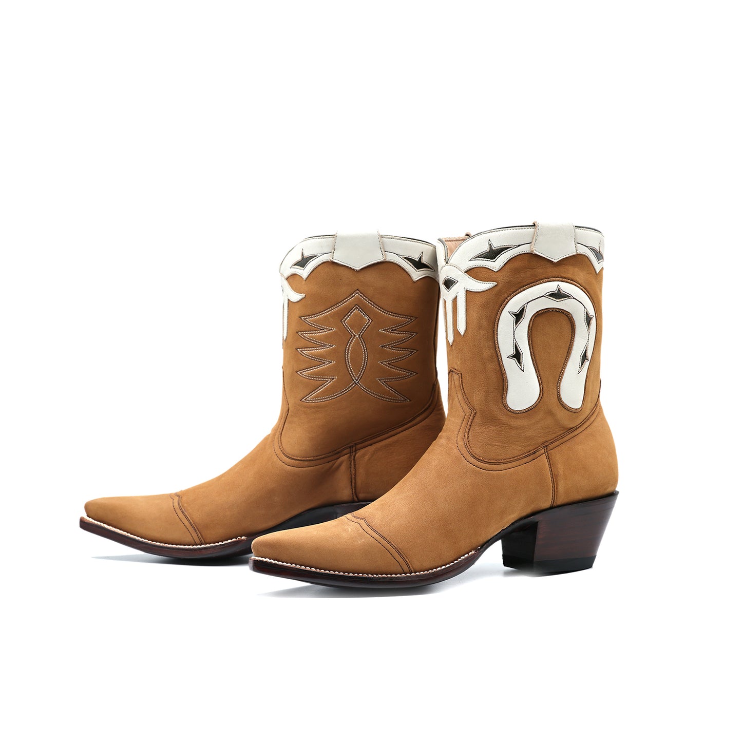 Brown Pointed-Toe Horseshoe Embroidery Classic Ankle Cowgirl Boots