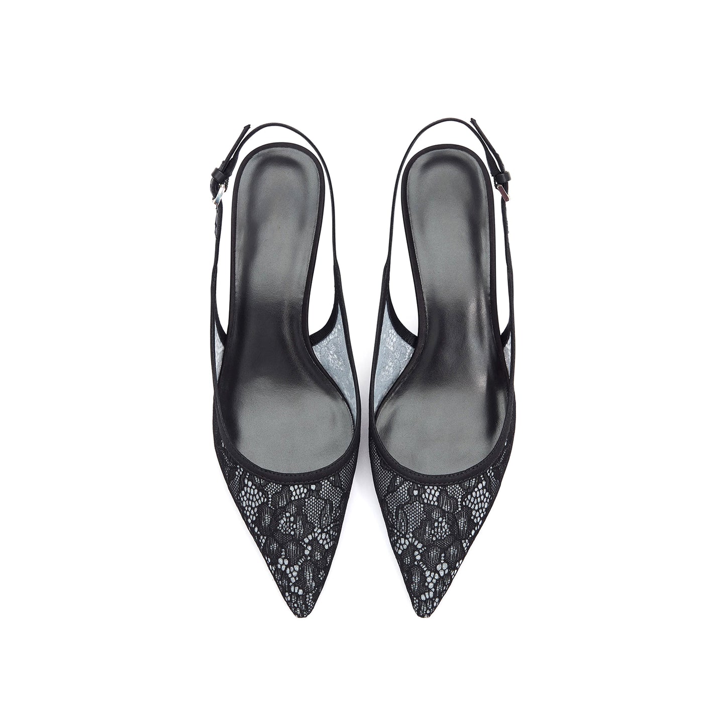 Black Lace Pointed-Toe Classic Kitten Heels With Slingback