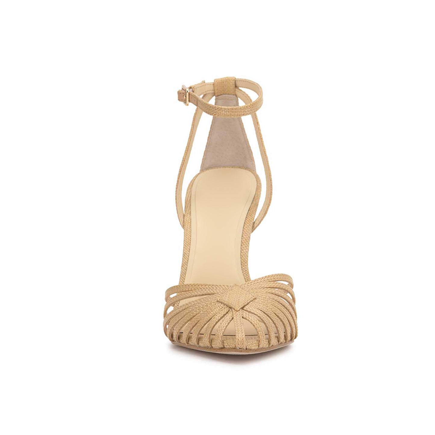 Nude Grass Woven Pointed-Toe Front Strappy Ankle Strap Pumps High Heels