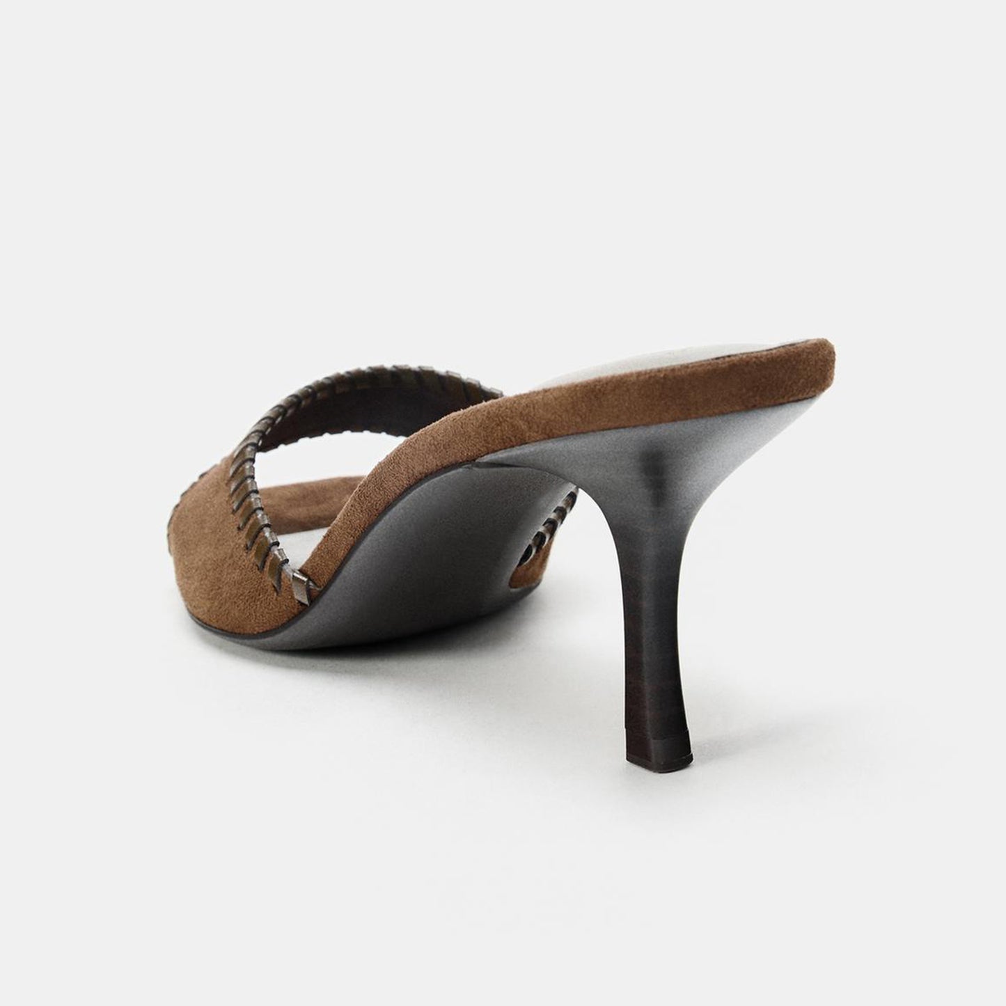 Brown Faux Suede Square-Toe Front Strap With Topstitch Backless High Heels