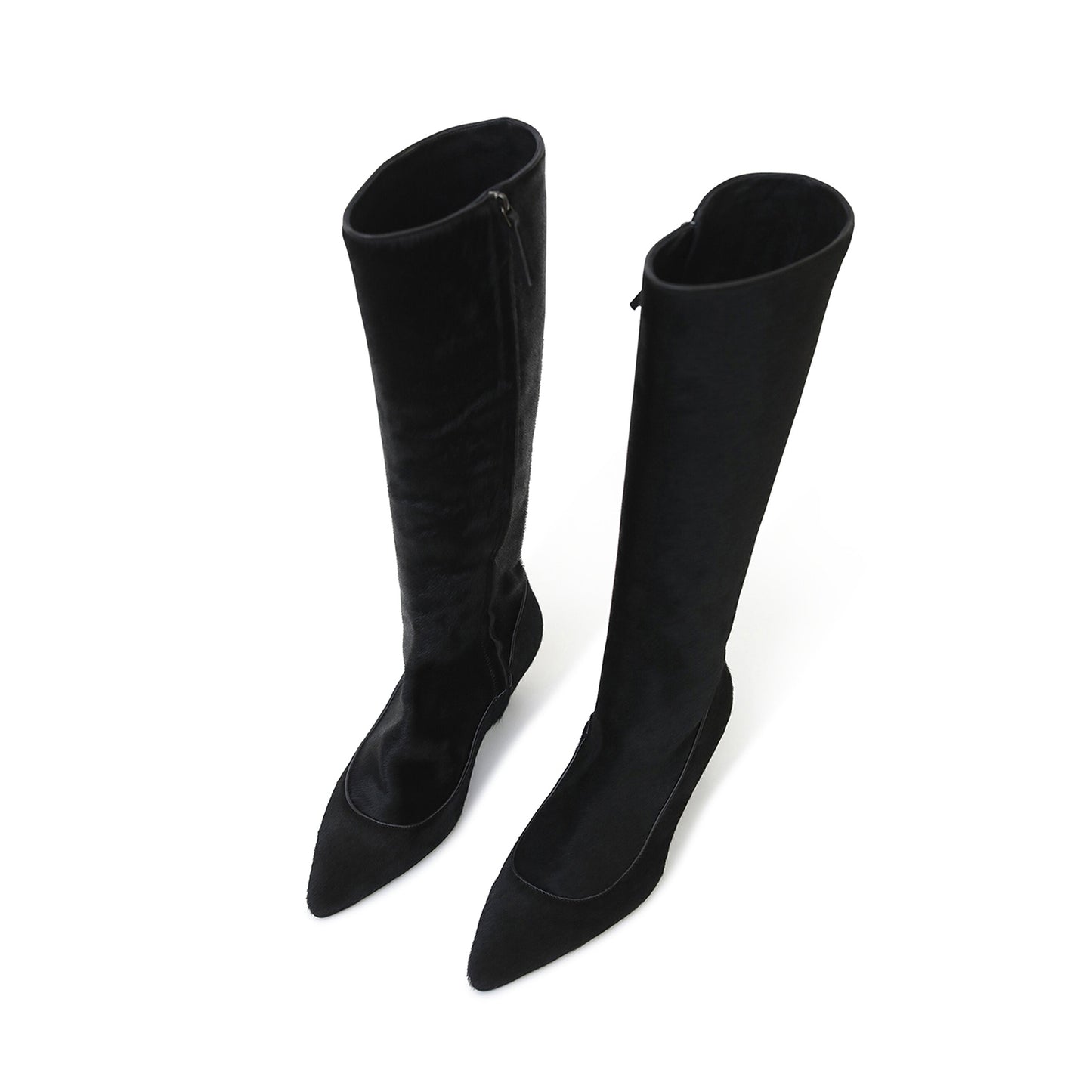 Black Pointed-Toe Side Full-Zip Knee High Stiletto Boots