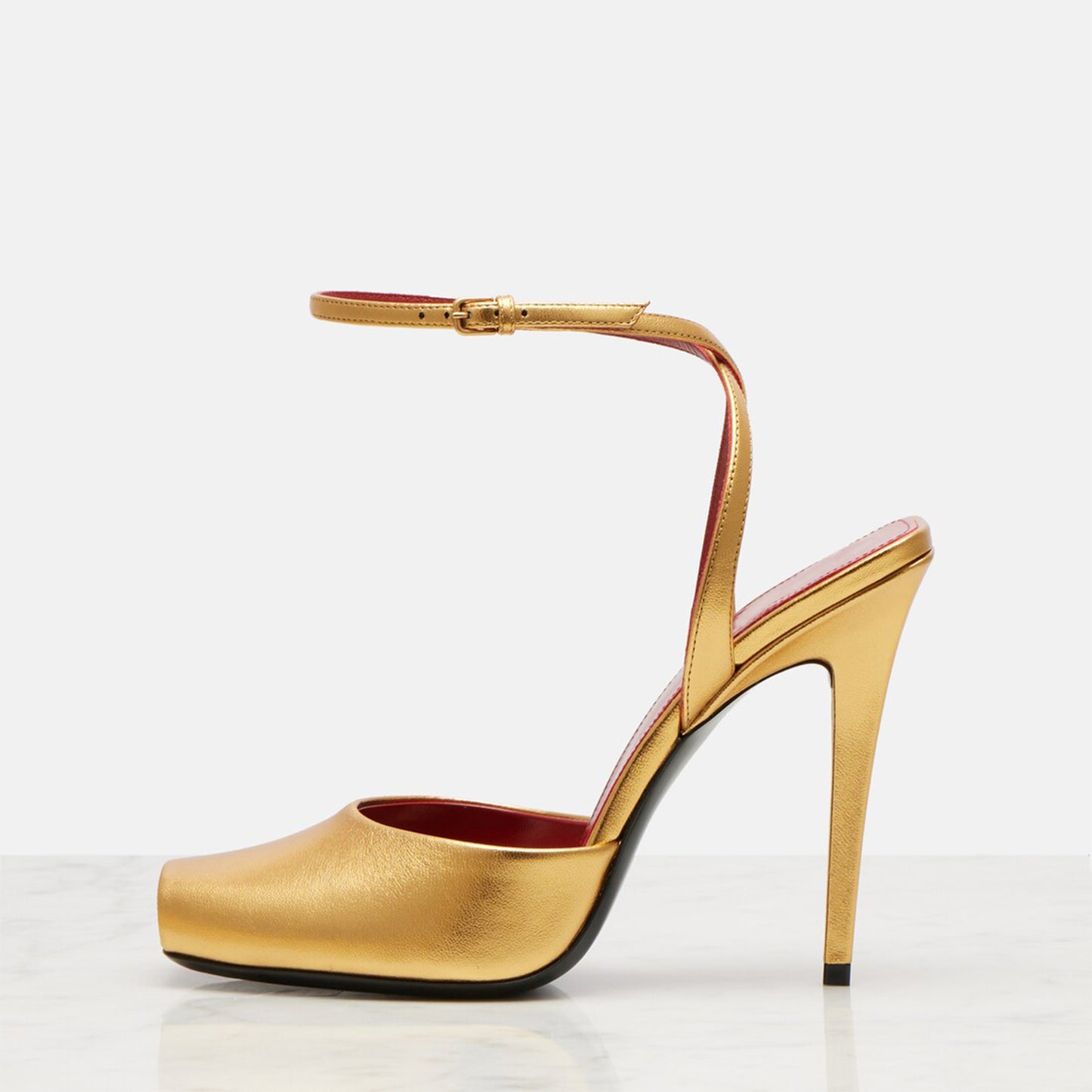 Metallic Gold Square-Toe Ankle Strap High Heels