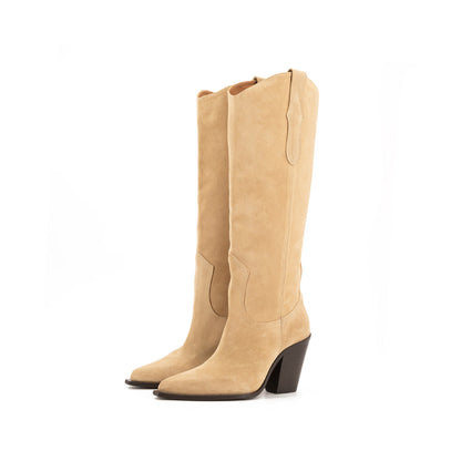 Sand Faux Suede Pointed-Toe Simple Wide Calf Knee High Cowgirl Boots