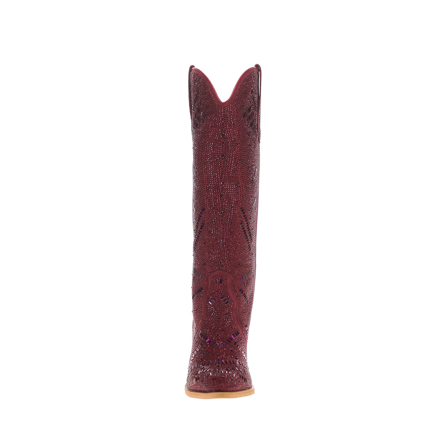 Maroon Faux Suede Pointed-Toe Full Crystals Wide Calf Knee High Cowgirl Boots