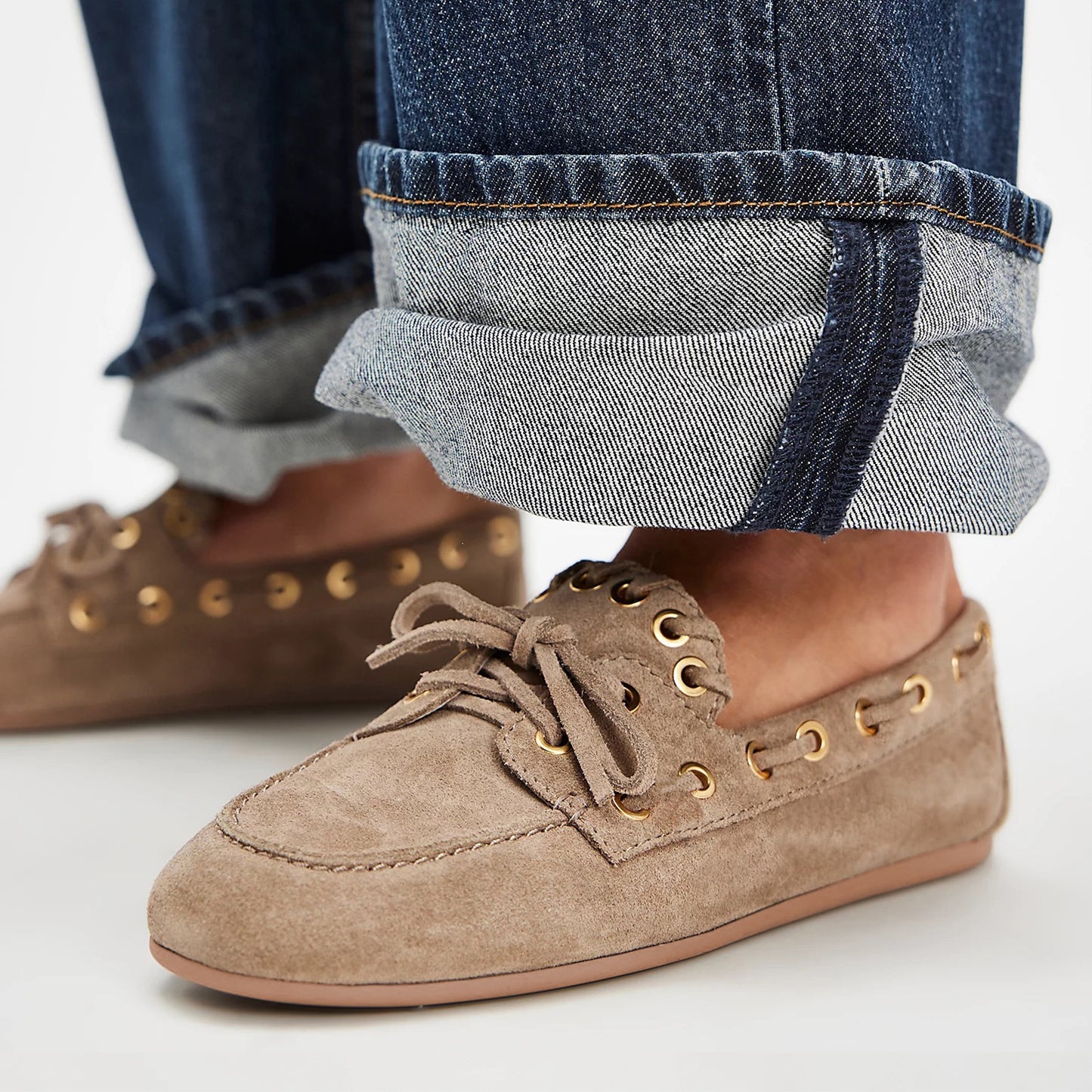 Sand Faux Suede Round-Toe Lace-Up Boat Shoes Flats