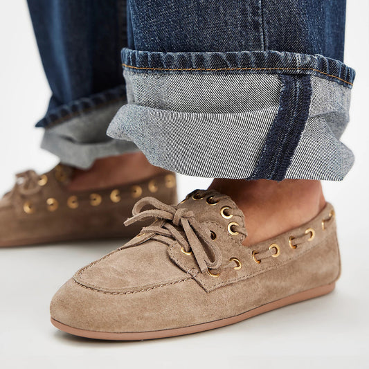 Sand Faux Suede Round-Toe Lace-Up Boat Shoes Flats