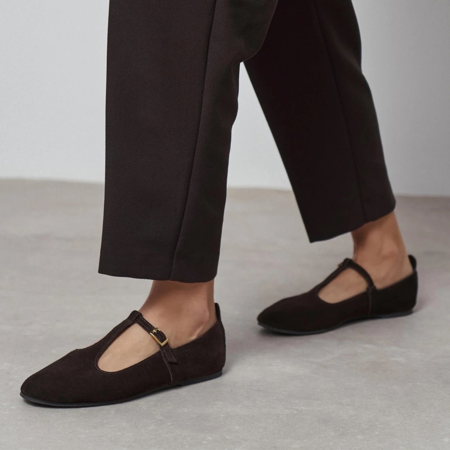 Coffee Faux Suede Round-Toe Buckle Middle Strap Simple Chic Flats