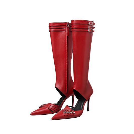 Red Pointed-Toe Buckle Straps Full-Zip Knee High Stiletto Boots