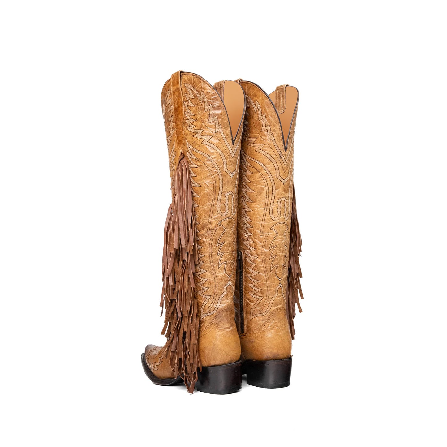 Camel Snip-Toe Embroidery Side Fringe Half-Zip Knee High Cowgirl Boots