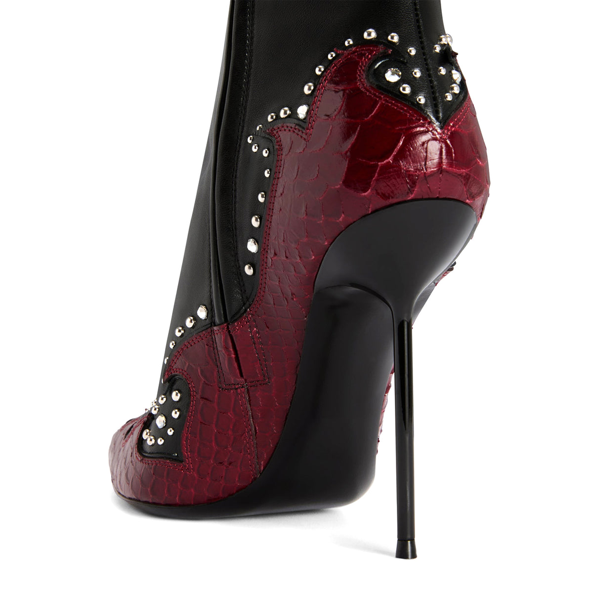 Black And Red Snakeskin Pattern Pointed-Toe Studs Full-Zip Ankle Stiletto Boots