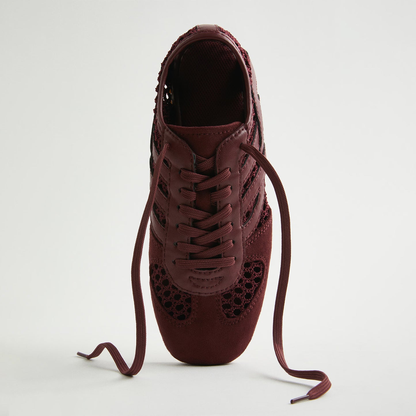 Burgundy Cow Suede And Mesh Square-Toe Lace-Up Classic Flats Sneakers