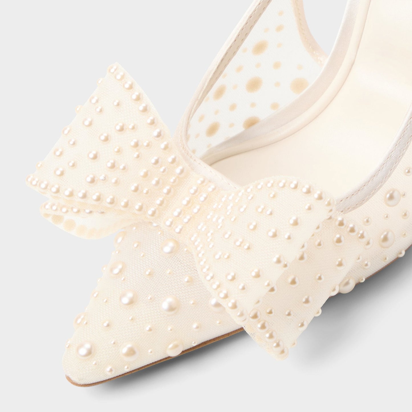 Ivory Satin And Mesh Pointed-Toe Full Pearl And Front Bow Slingback High Heels