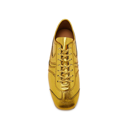 Metallic Gold Square-Toe Lace-Up Sneakers Flats