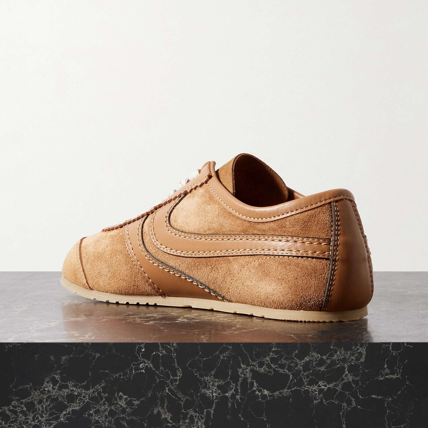Tan Contrast Faux Suede And Vegan Leather Square-Toe Lace-Up Sneakers Flats