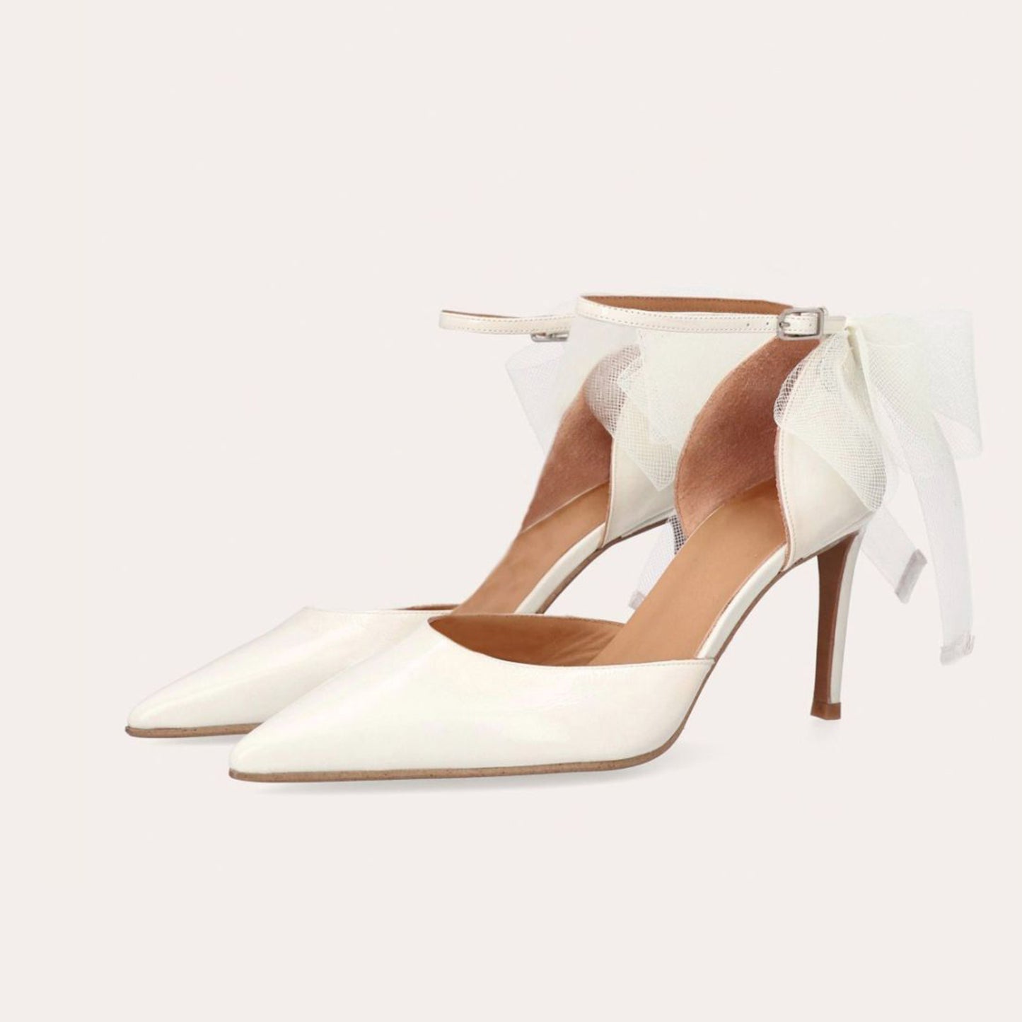 Ivory Pointed-Toe Chic Back Big Mesh Bow And Ankle Strap High Heels