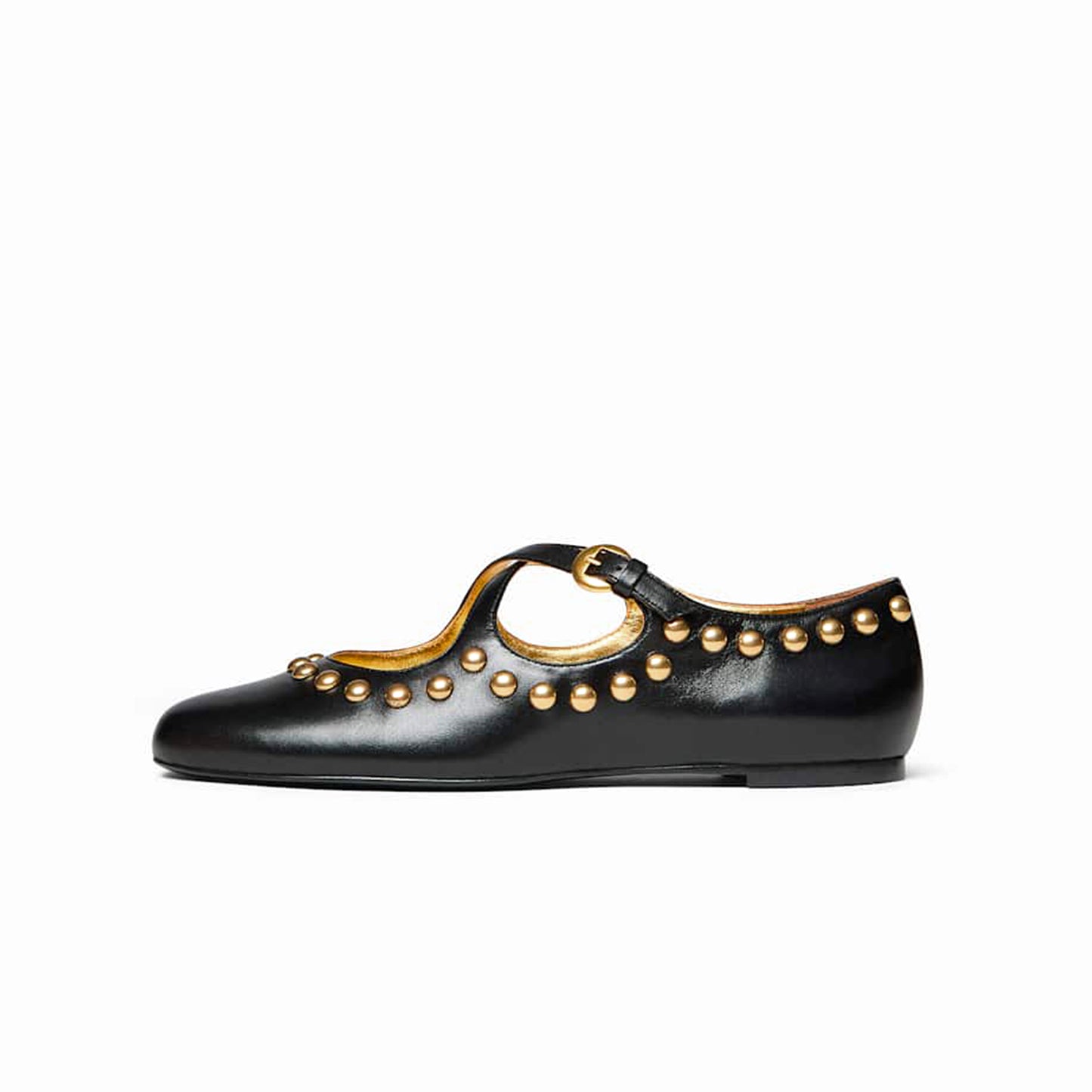 Black Round-Toe Criss Cross Strap Studded Ballet Flats
