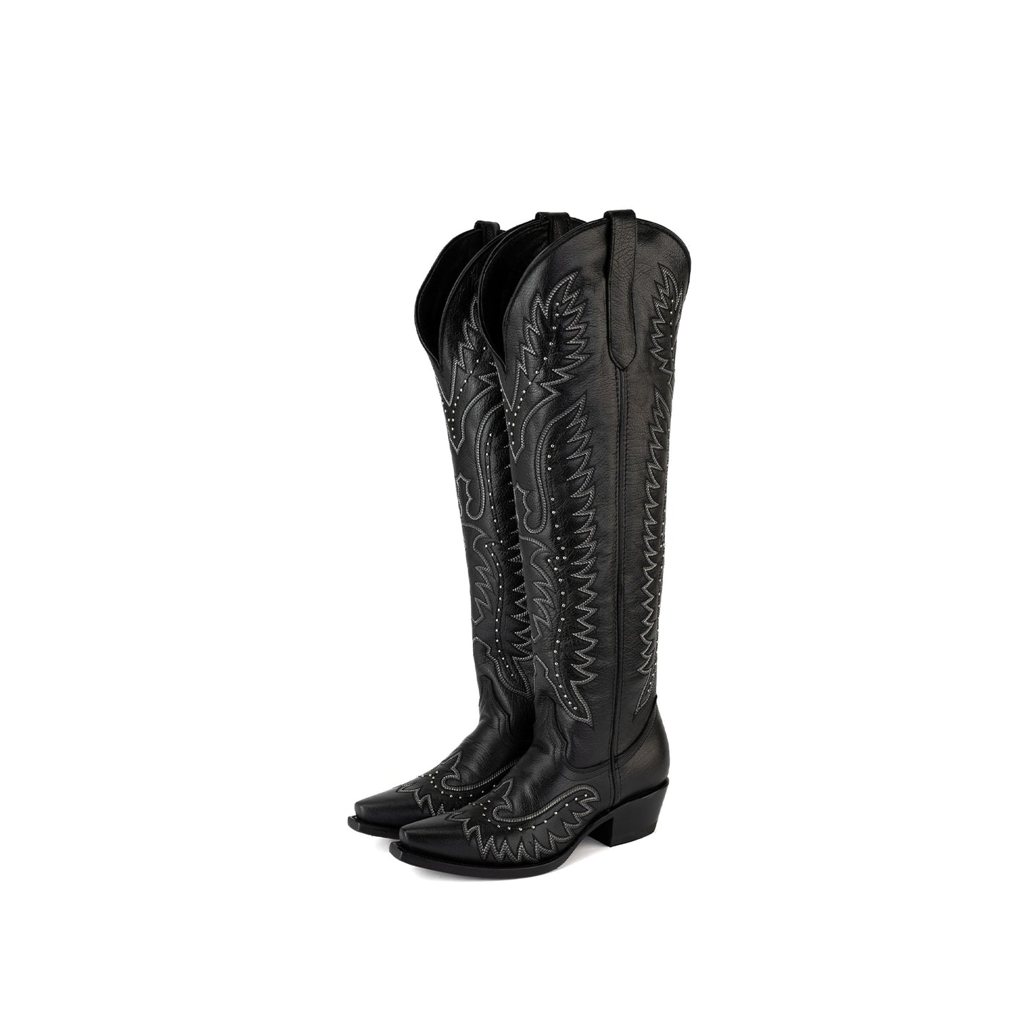 Black Snip-Toe Wings Embroidery Studded Half-Zip Knee High Cowgirl Boots