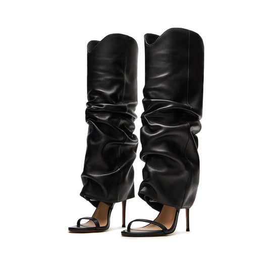 Black Open Round-Toe Fold-Over Wide Calf Knee High Stiletto Boots