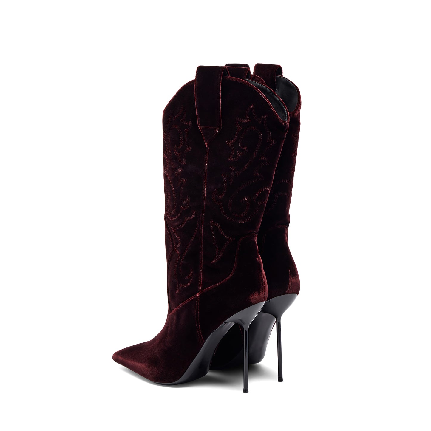 Burgundy Velvet Pointed-Toe Embroidery Chic Mid Calf Stiletto Boots