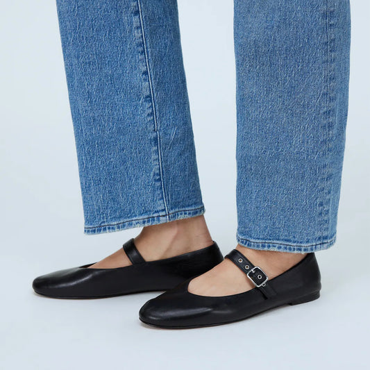 Black Vegan Leather Round-Toe Buckle Bridge Strap Slip-On Flats