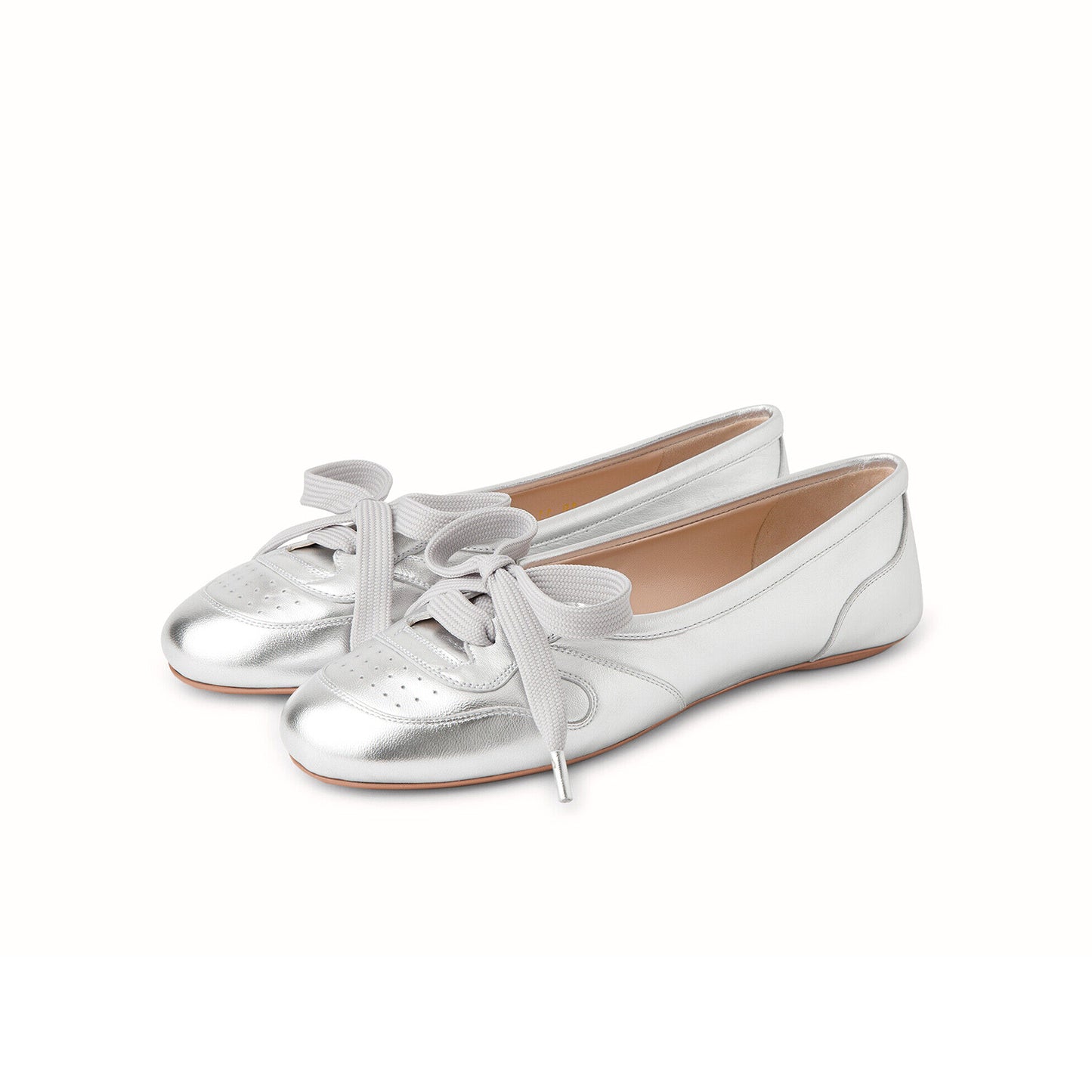 Metallic Silver Round-Toe Front Lace-Up Slip-On Ballet Flats