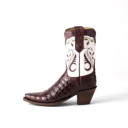 Contrast White And Black Snip-Toe Inlays Ankle Cowgirl Boots