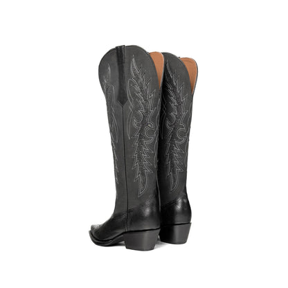 Black Snip-Toe Black Rhinestone Embroidery Half-Zip Knee High Cowgirl Boots
