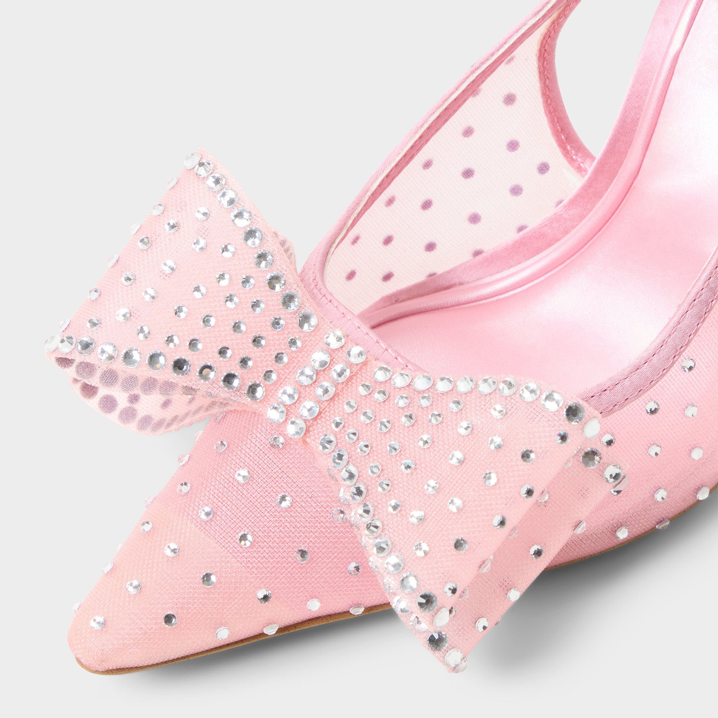 Pink Satin And Mesh Pointed-Toe Full Pearl And Front Bow Slingback High Heels