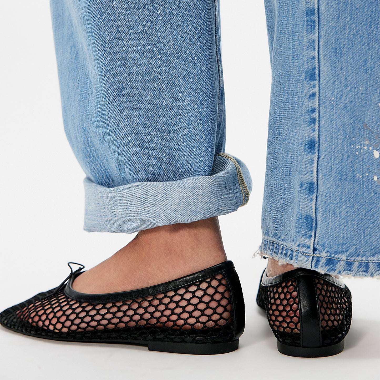 Black Mesh And Vegan Leather Square-Toe Front Bow Ballet Flats