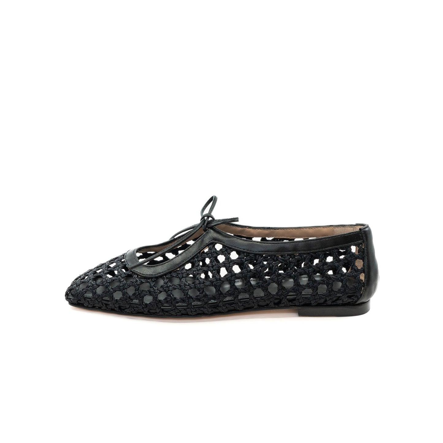 Black Woven Vegan Leather Square-Toe Vamp Strap With Bow Ballet Flats