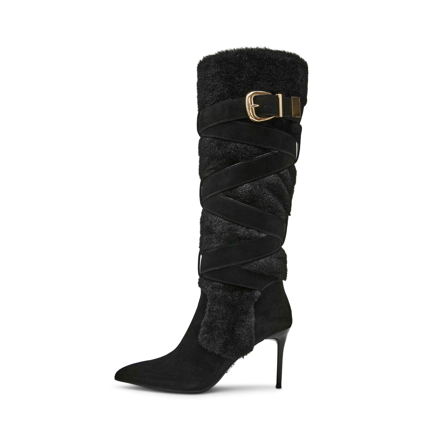 Black Faux Suede Contrast Plush Pointed-Toe Full-Zip Buckle Knee High Stiletto Boots