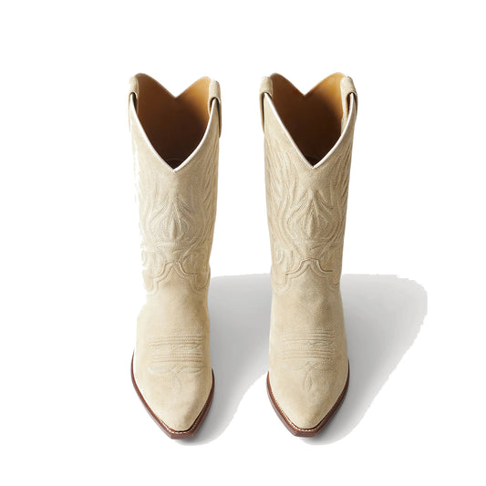 Beige Faux Suede Snip-Toe Chic Embroidery Western Mid Calf Cowgirl Boots