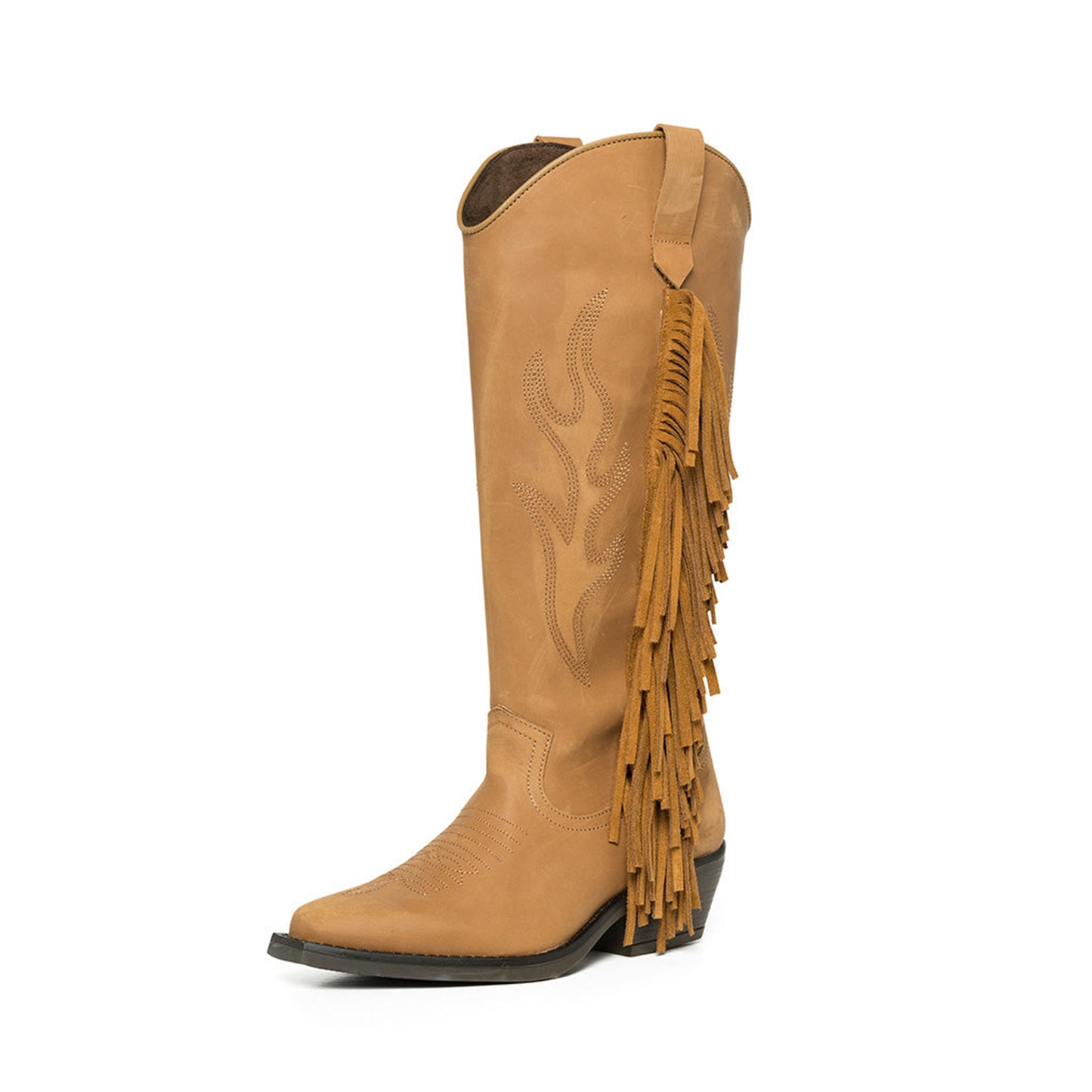 Tan Almond-Toe Faux Suede Fringe Half-Zip Embroidery Knee High Cowgirl Boots