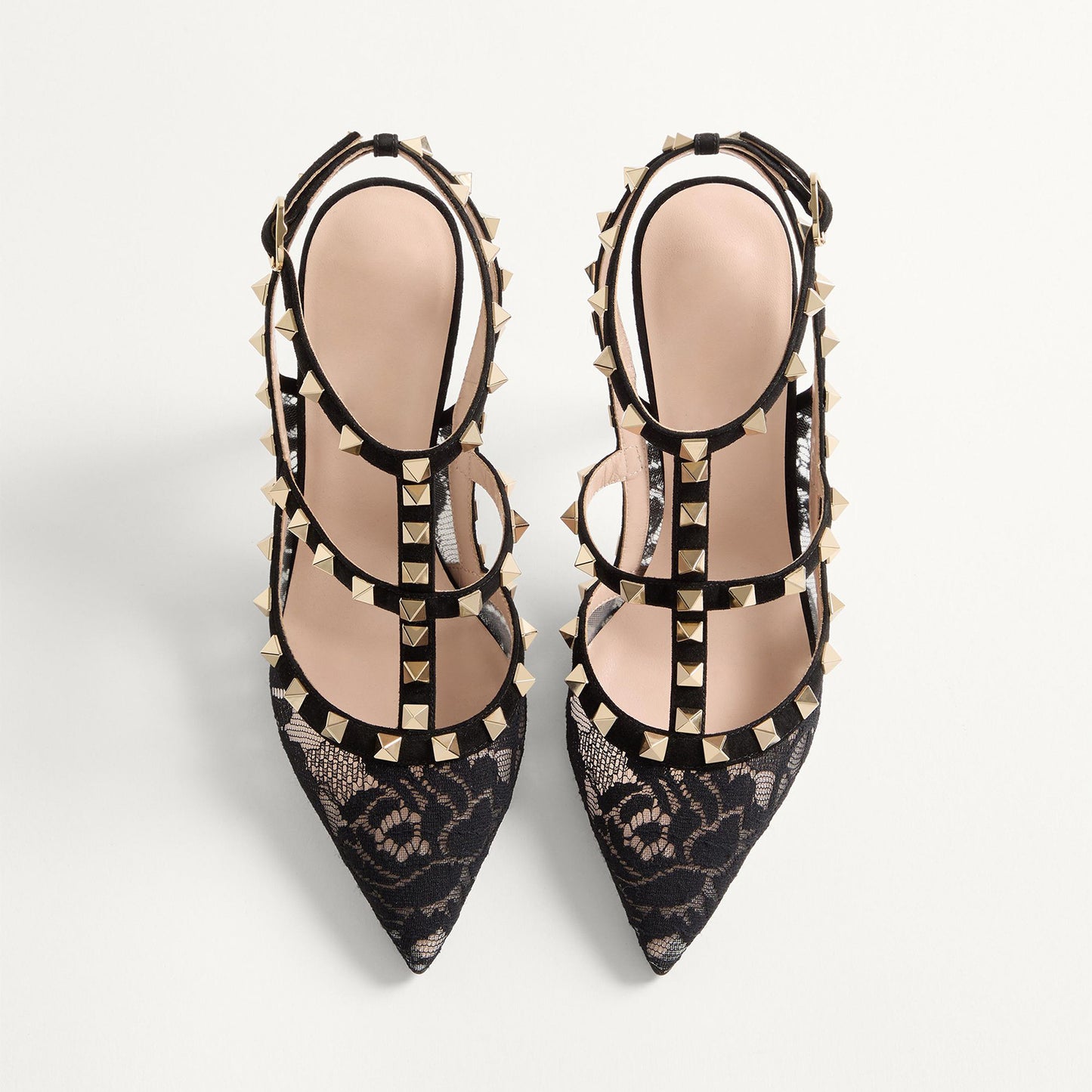 Black Lace Mesh Pointed-Toe Studded Strappy Slingback High Heels