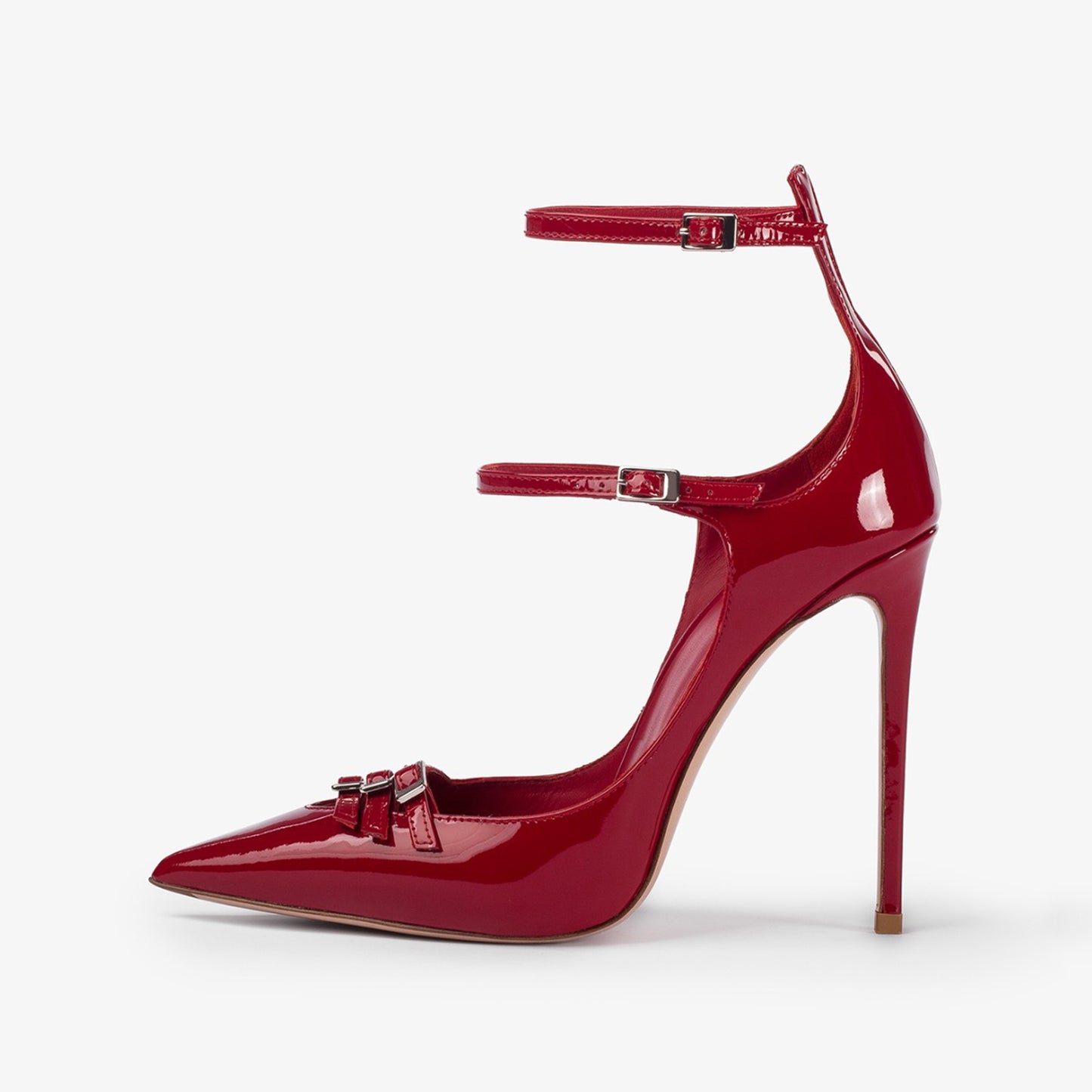 Patent Red Pointed-Toe Front Straps Double Ankle Straps High Heels
