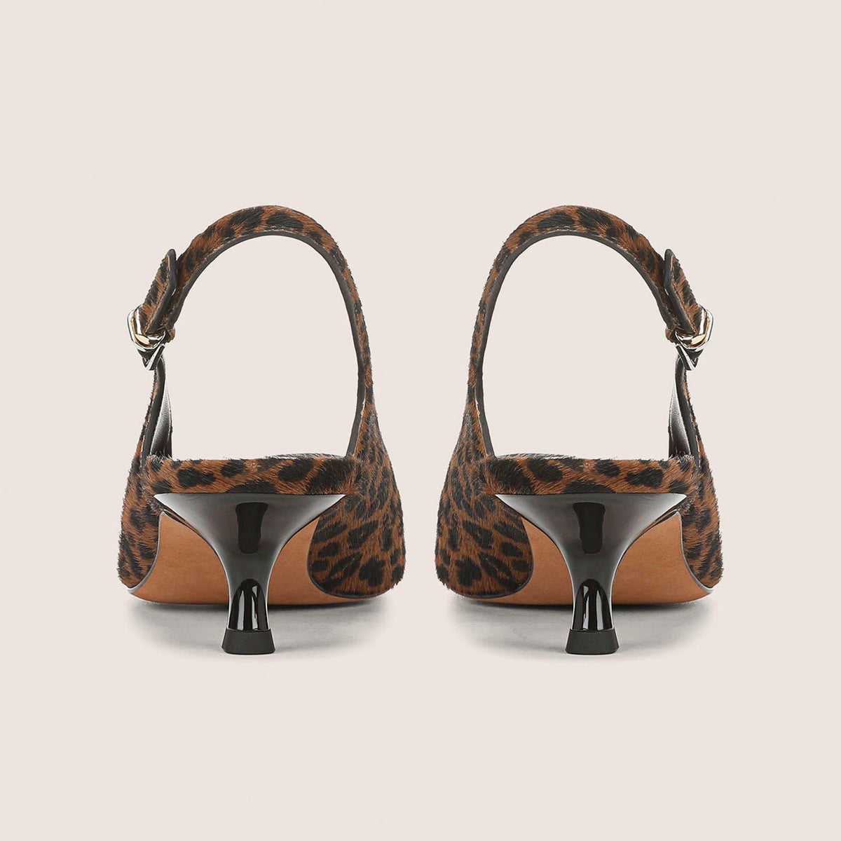 Leopard Pattern Pony Hair Vegan Leather Chic Pointed-Toe Buckle Slingback Kitten Heels