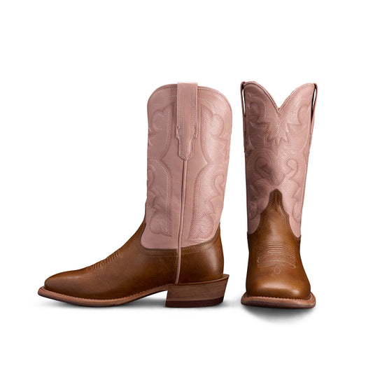 Contrast Tan And Pink Square-Toe Western Embroidery Mid Calf Cowgirl Boots