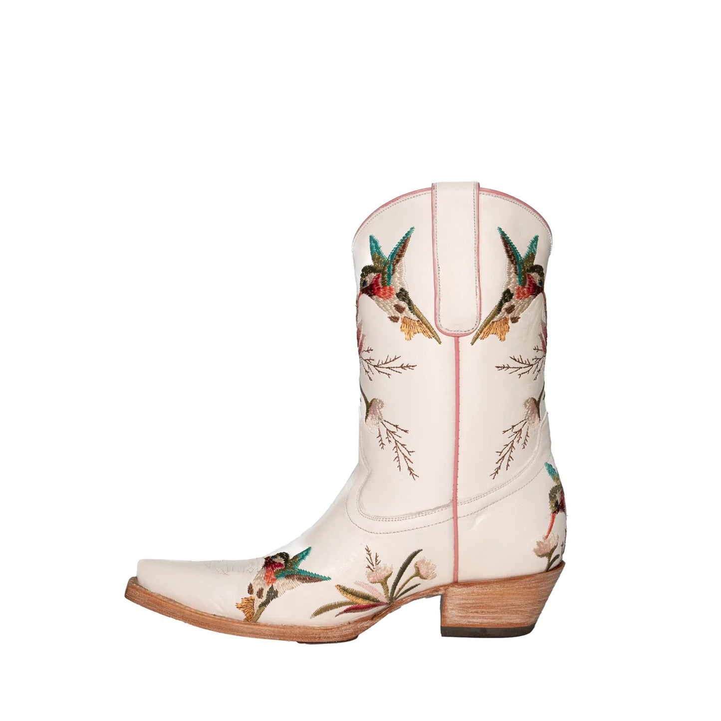 Ivory Snip-Toe Vivid Flowers And Bird Embroidery Ankle Cowgirl Boots
