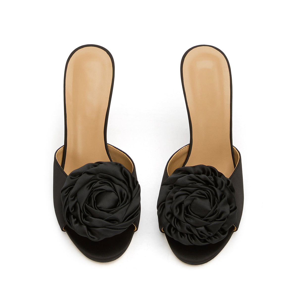 Black Satin Round-Toe Front Big Rose Backless High Heels