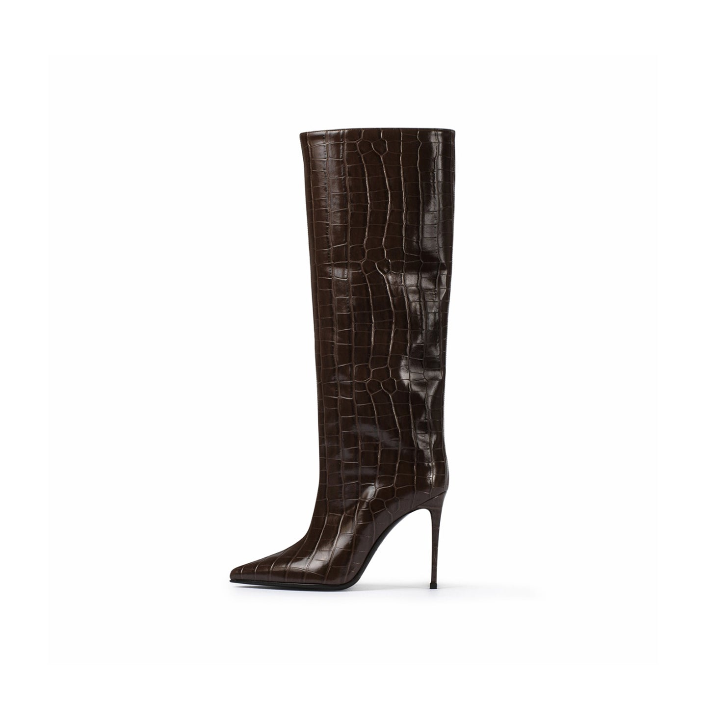 Brown Crocodile-Print Pointed-Toe Simple Wide Calf Knee High Tall Stiletto Boots