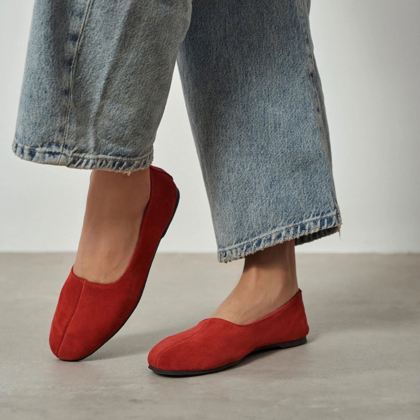 Red Cow Suede Round-Toe Slip-On Classic Ballet Flats