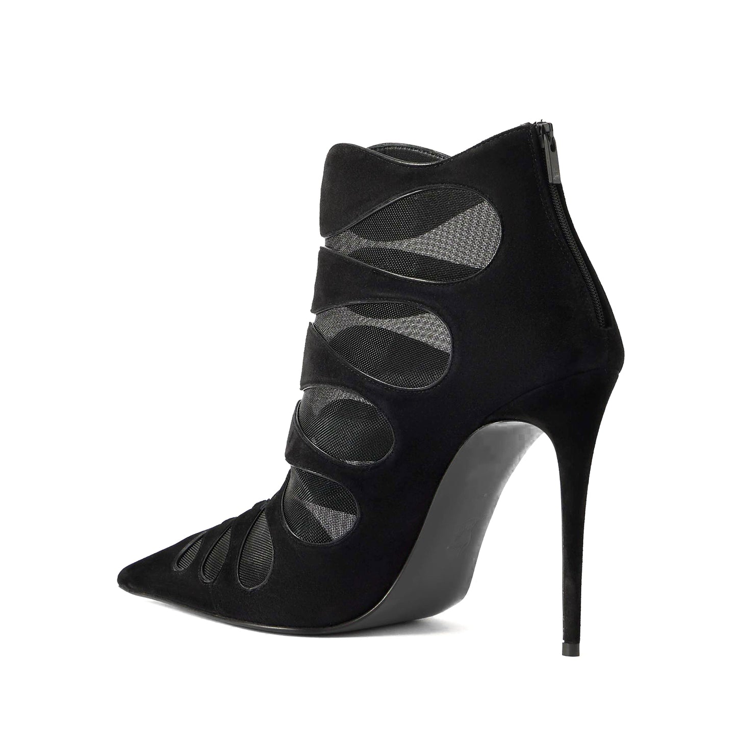 Black Faux Suede And Mesh Pointed-Toe Back Full-Zip Ankle Stiletto Boots