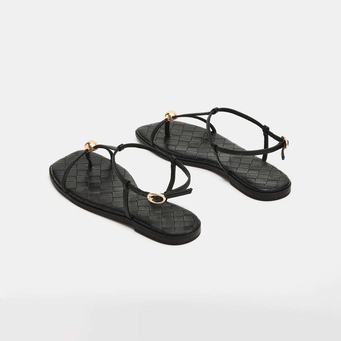 Classic Black Square-Toe Strappy Ankle Strap Sandals Flats