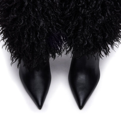 Black Pointed-Toe Full Plush Wide Calf Knee High Stiletto Boots